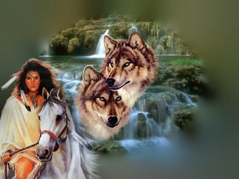Woman with Wolves — Green, Serene, Digital Art, Horse
