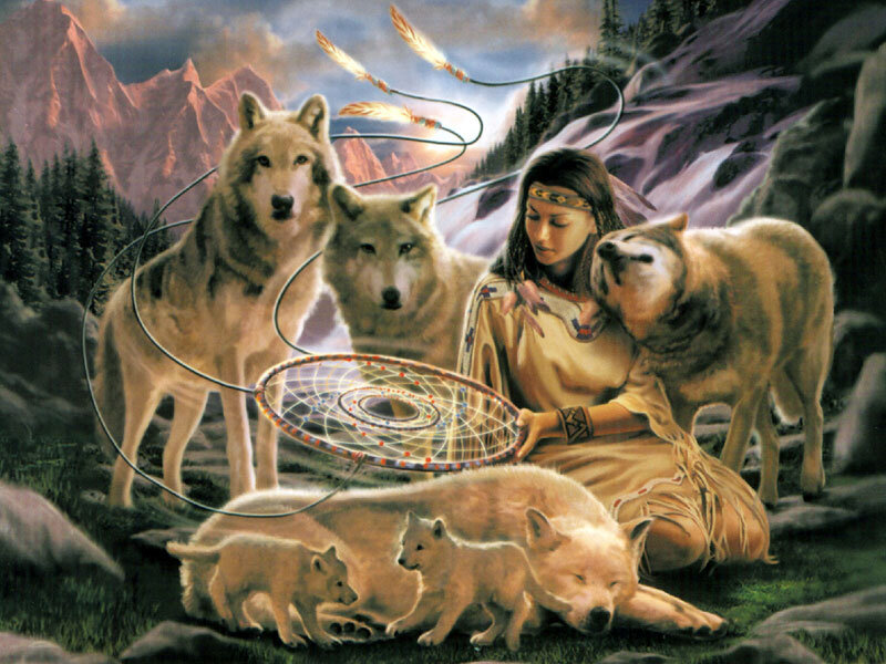 Woman with Wolves — Green, Serene, Sunset