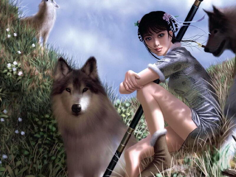 Woman with Wolves — Green, Serene