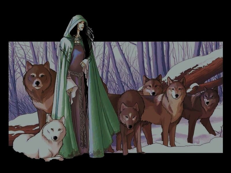 Woman with Wolves — Green, Serene, Winter