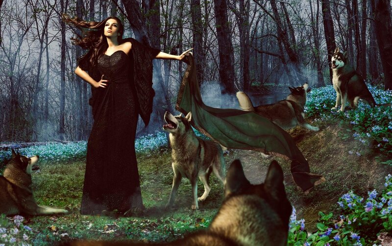 Woman with Wolves in Forest — Black, Dramatic