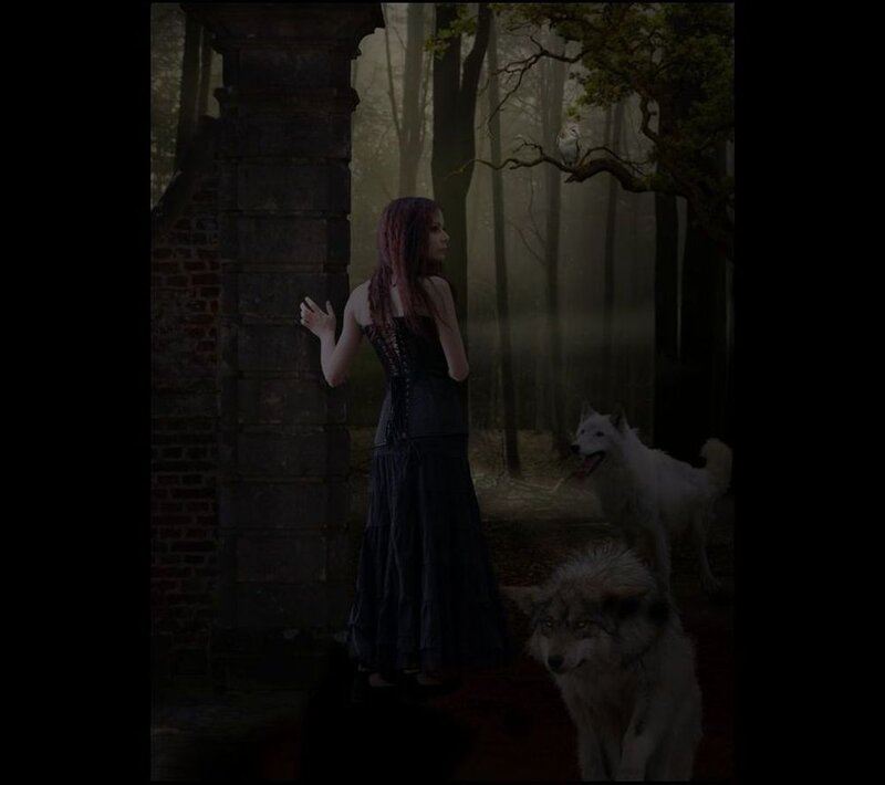 Woman with Wolves in Forest — Black