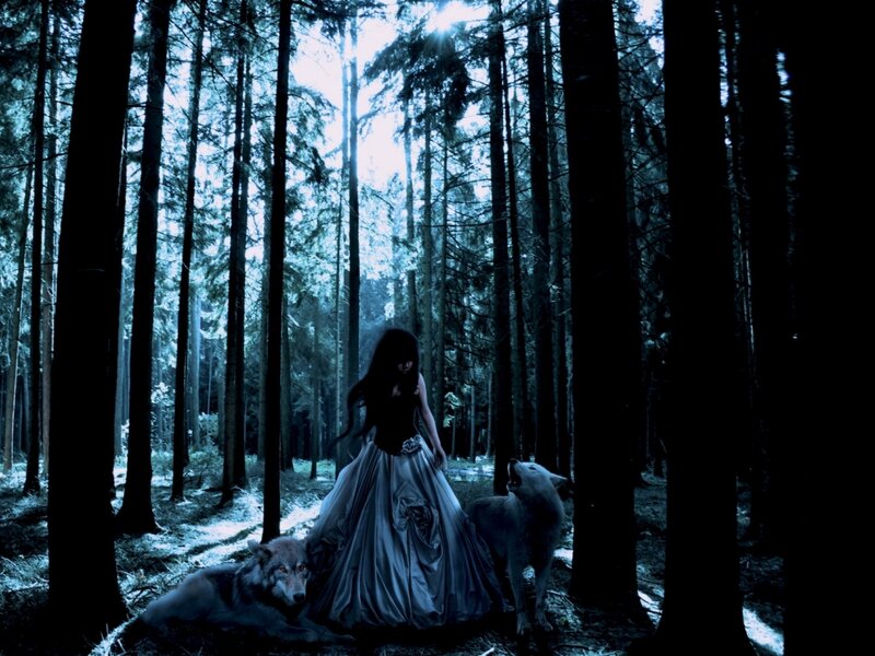 Woman with Wolves in Forest — Blue, Dark, Night