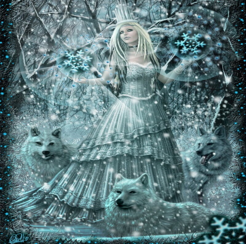 Woman with Wolves in Forest — Blue