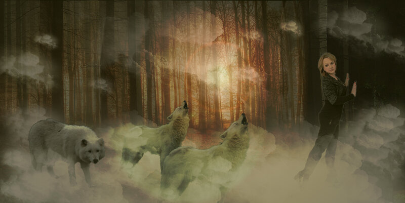 Woman with Wolves in Forest — Brown