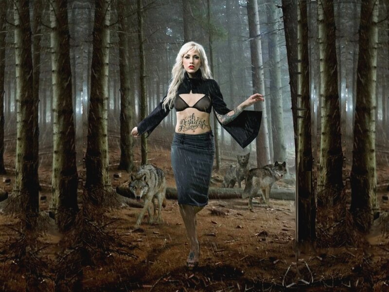 Woman with Wolves in Forest — Gray