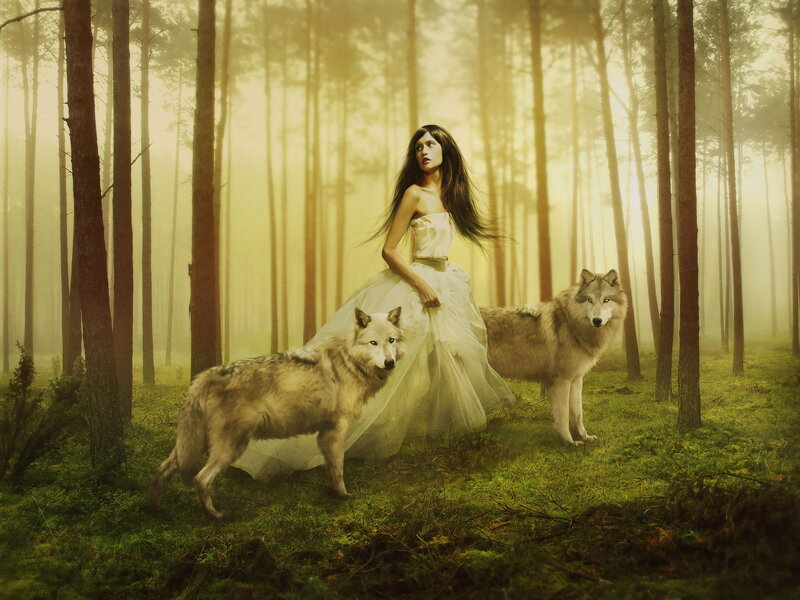 Woman with Wolves in Forest — Green, Mystical