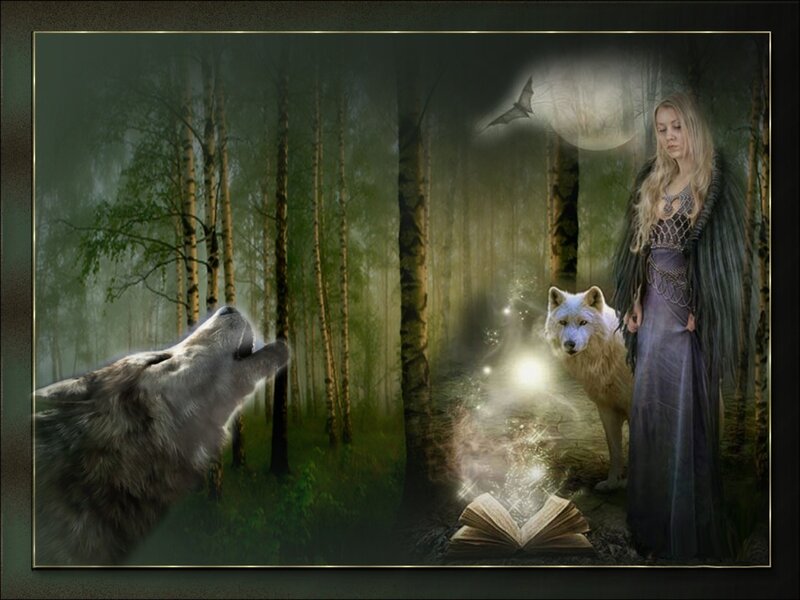 Woman with Wolves in Forest — Green
