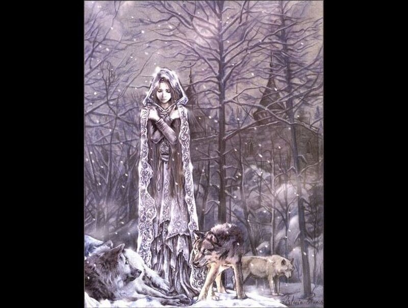 Woman with Wolves in Forest — White
