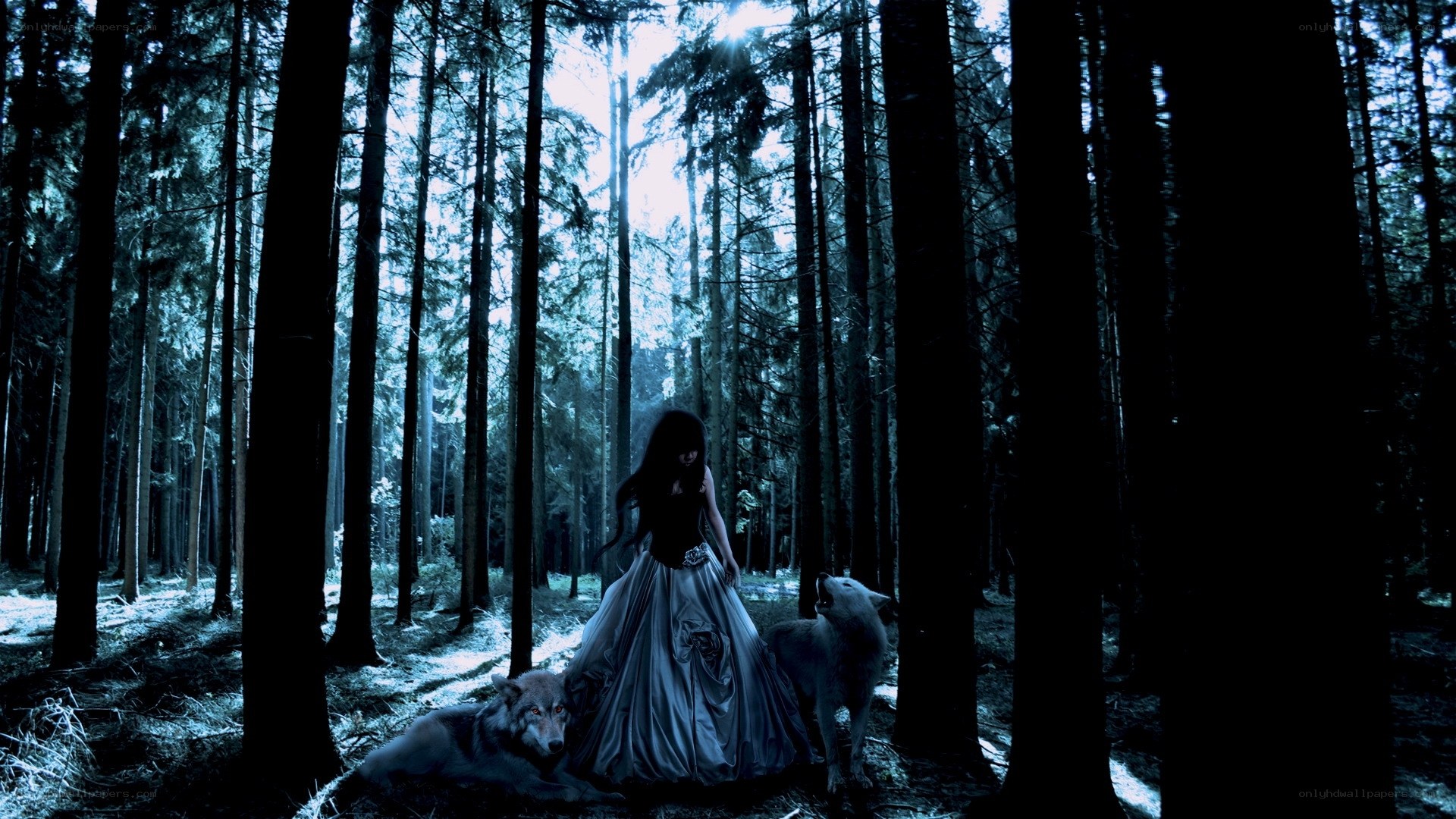 woman with wolves in forest