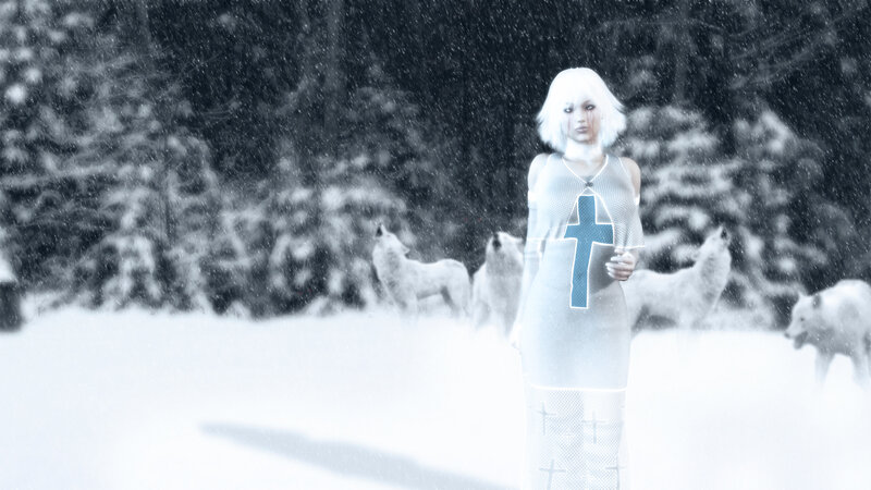 woman with wolves in snow