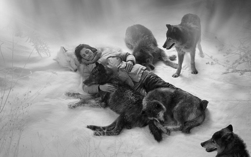 Woman with Wolves in Snow — Black