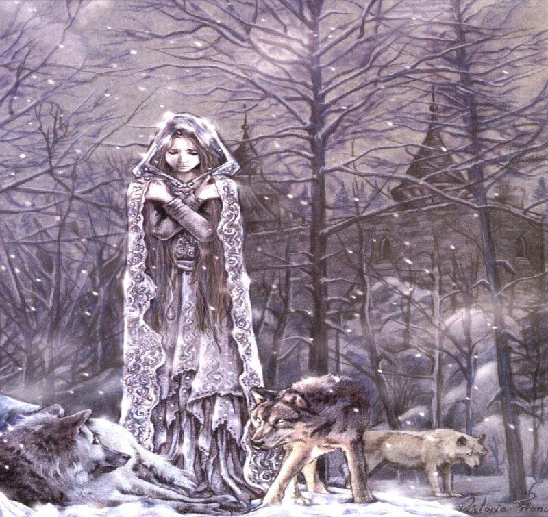 Woman with Wolves in Snow — Gray