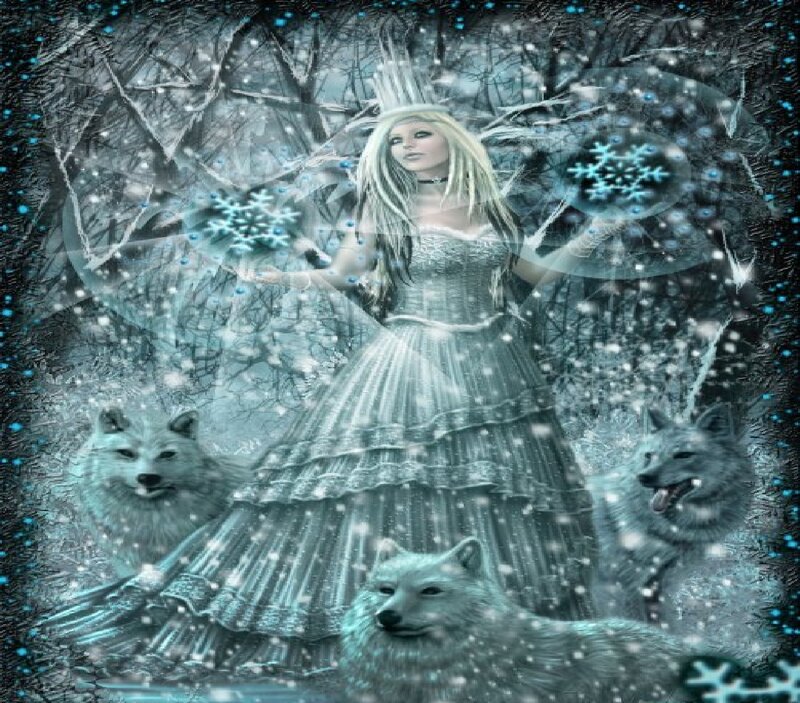 Woman with Wolves in Snow — White, Cold