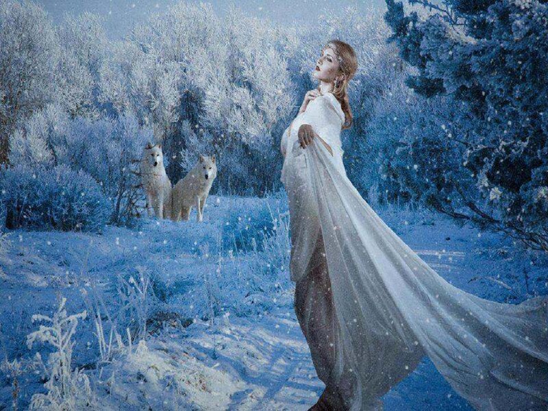 Woman with Wolves in Snow — White, Serene