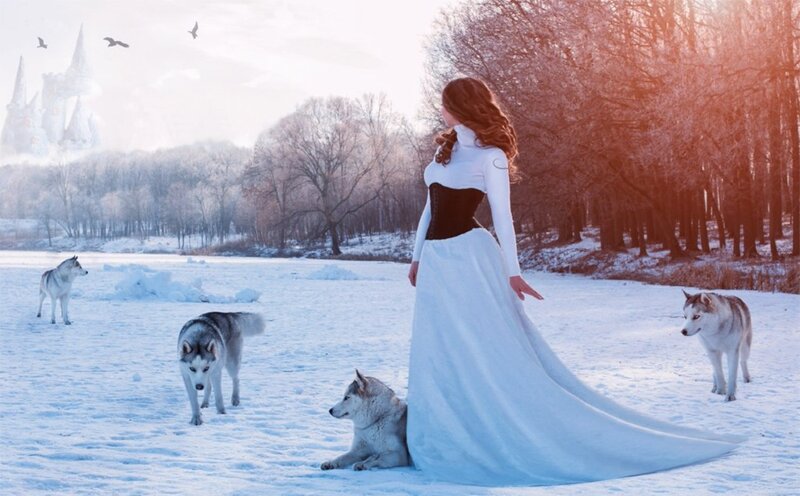 Woman with Wolves in Snow — White, Serene, Winter, Digital Art, Castle