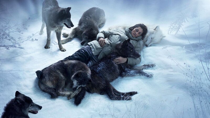 Woman with Wolves in Snow — White, Serene, Winter, Photograph