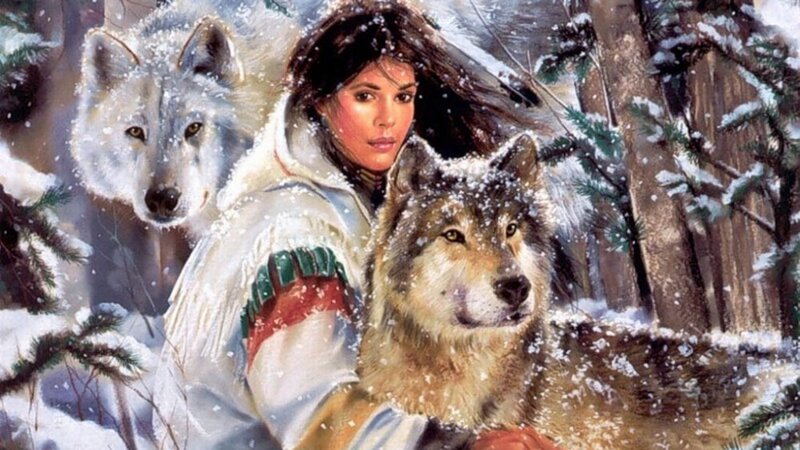 Woman with Wolves in Snow — White