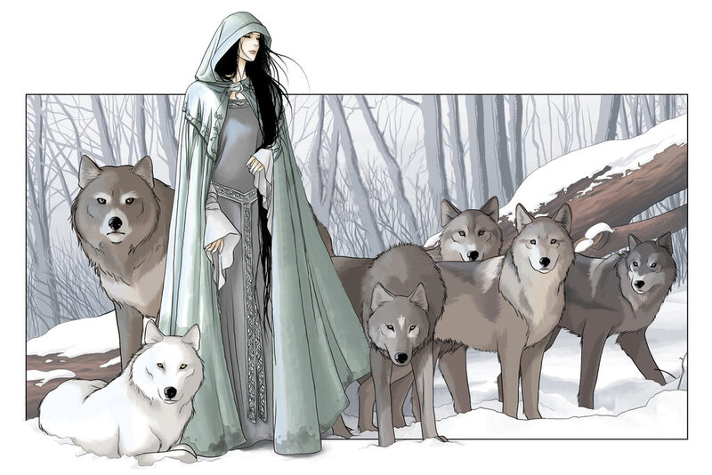 woman with wolves in winter