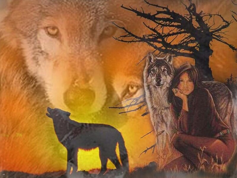Woman with Wolves — Orange, Dramatic, Sunset, Digital Art, Wolf