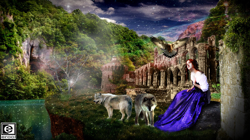 Woman with Wolves — Purple, Dramatic, Night, Digital Art, Bird