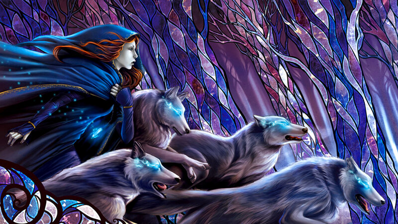 Woman with Wolves — Purple, Dramatic, Night, Digital Art, Forest, Cloak