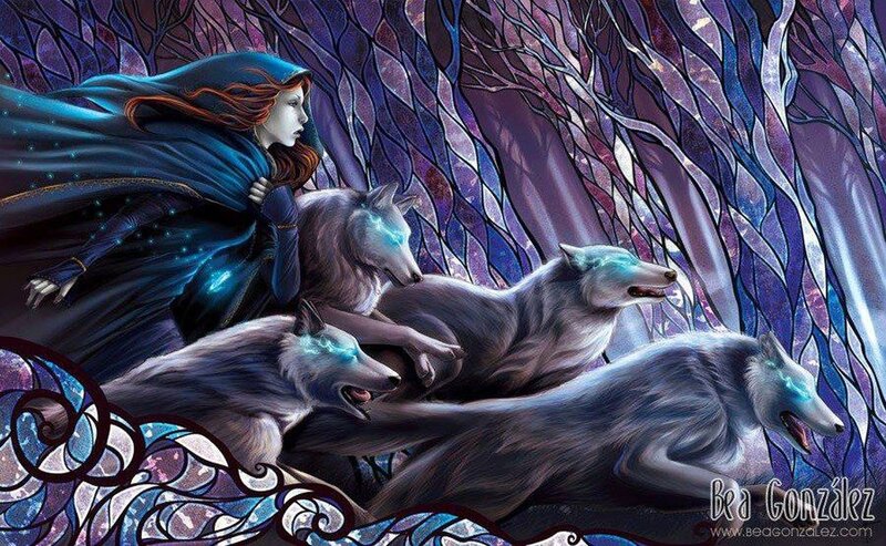 Woman with Wolves — Purple, Dramatic, Night, Digital Art, Forest