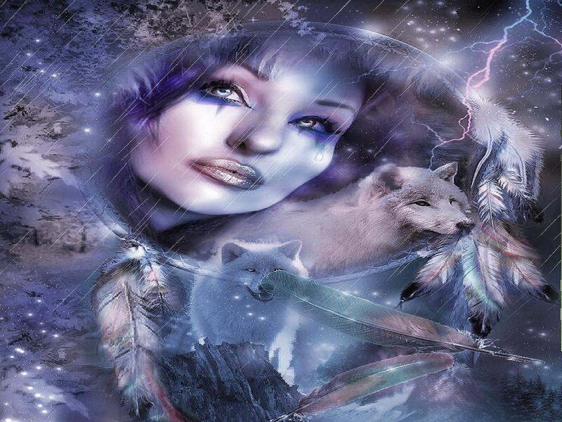 Woman with Wolves — Purple, Dramatic, Night, Digital Art