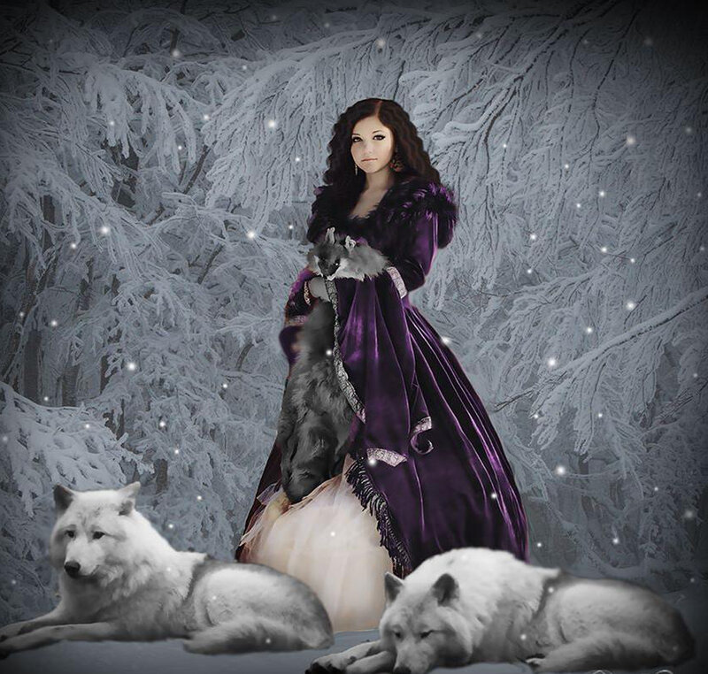 Woman with Wolves — Purple, Dramatic, Winter, Digital Art