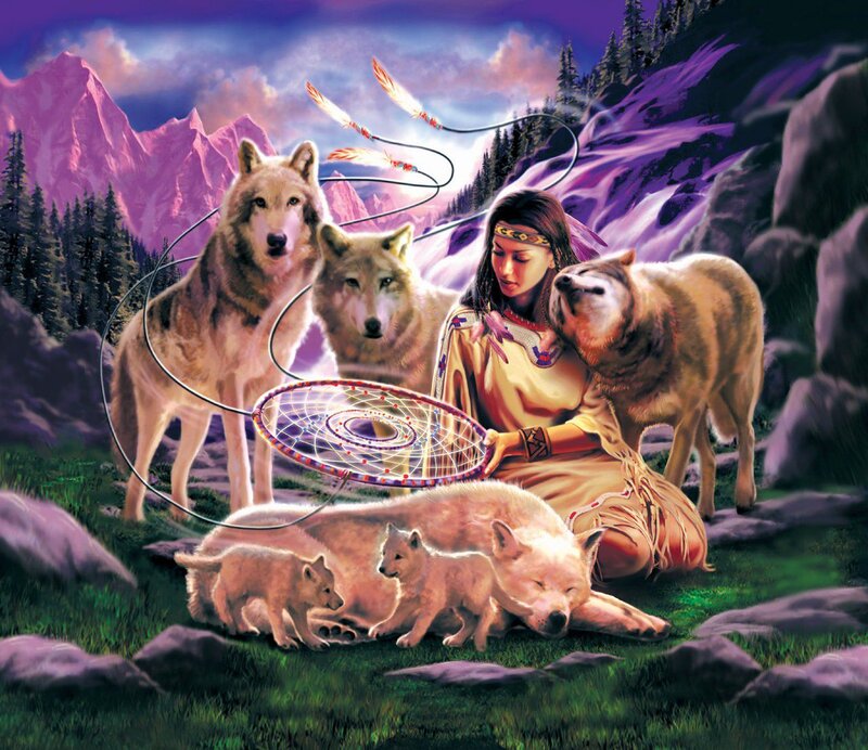 Woman with Wolves — Purple, Serene, Sunset