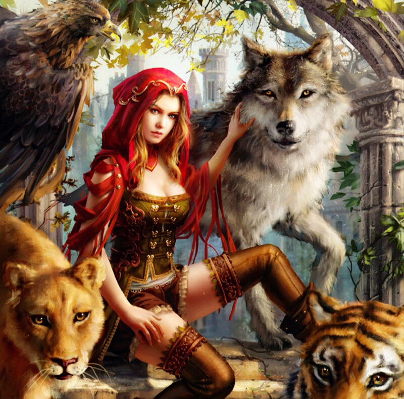 Woman with Wolves — Red, Dramatic, Afternoon