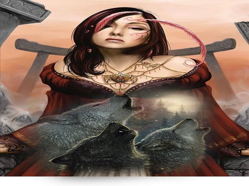 Woman with Wolves — Red, Dramatic, Sunset, Digital Art