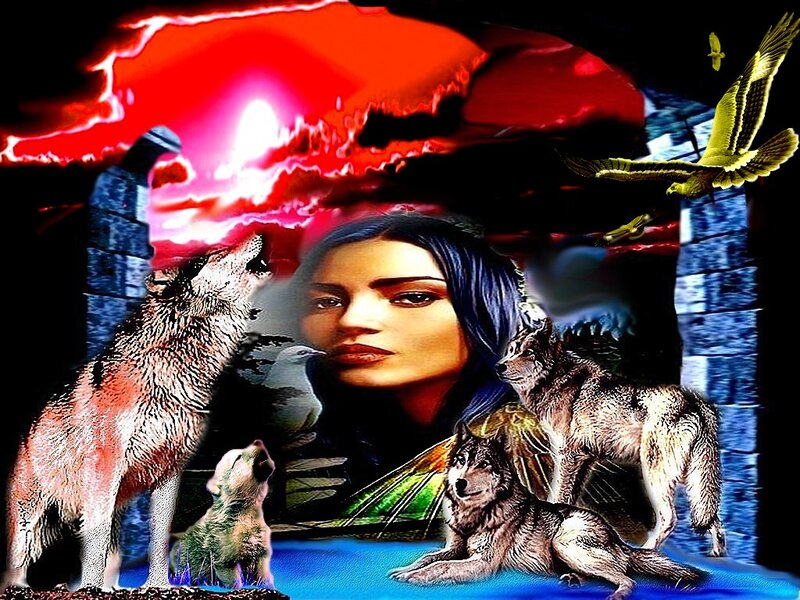 Woman with Wolves — Red, Dramatic