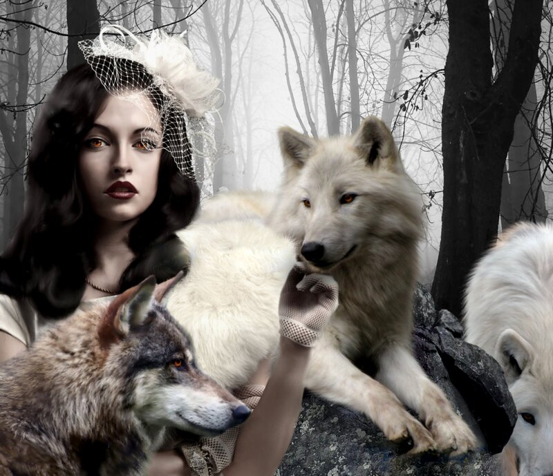 Woman with Wolves — White, Dramatic, Digital Art