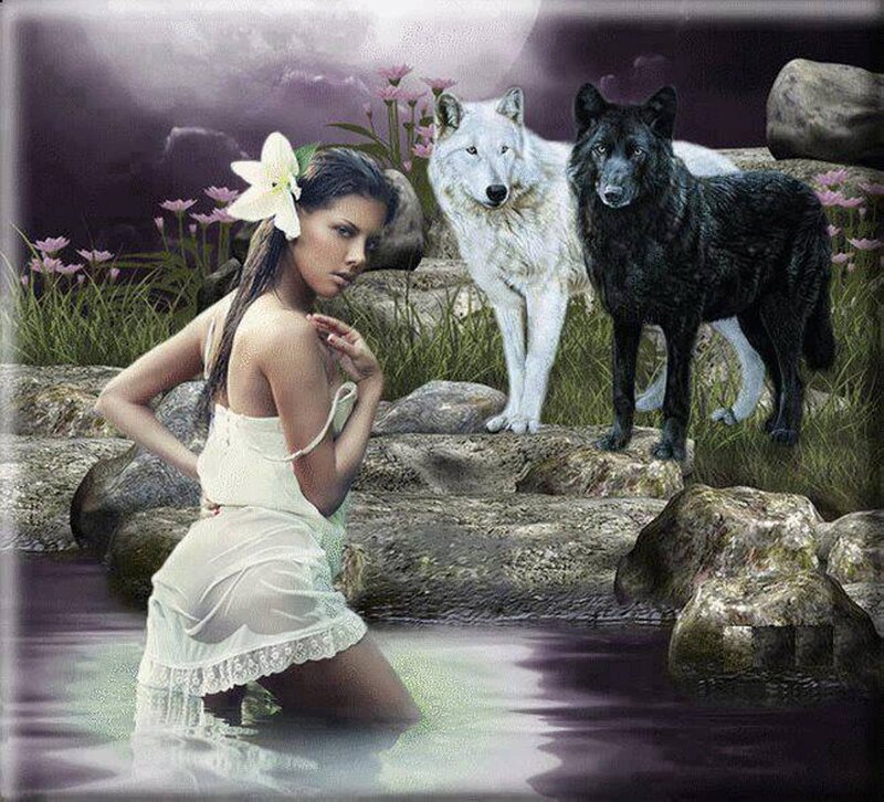 Woman with Wolves — White, Dramatic, Night, Digital Art