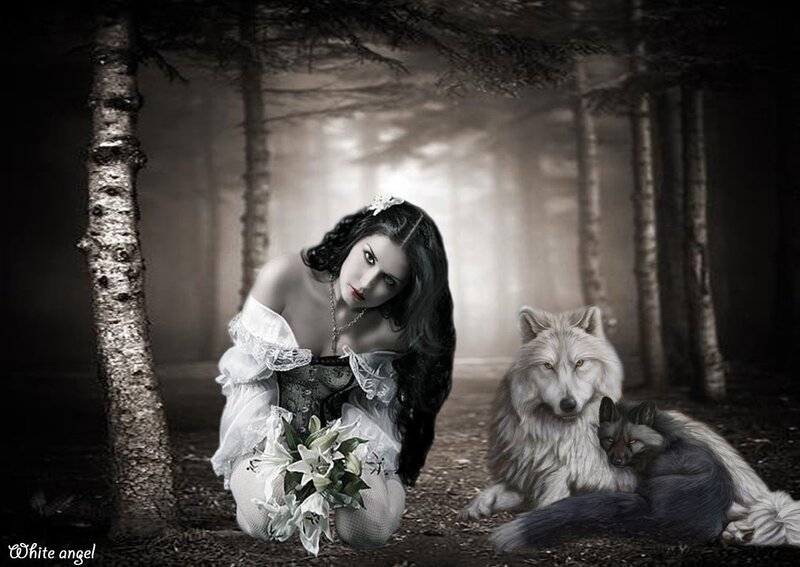 Woman with Wolves — White, Dramatic, Night
