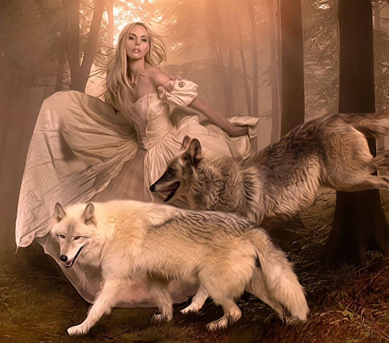 Woman with Wolves — White, Dramatic