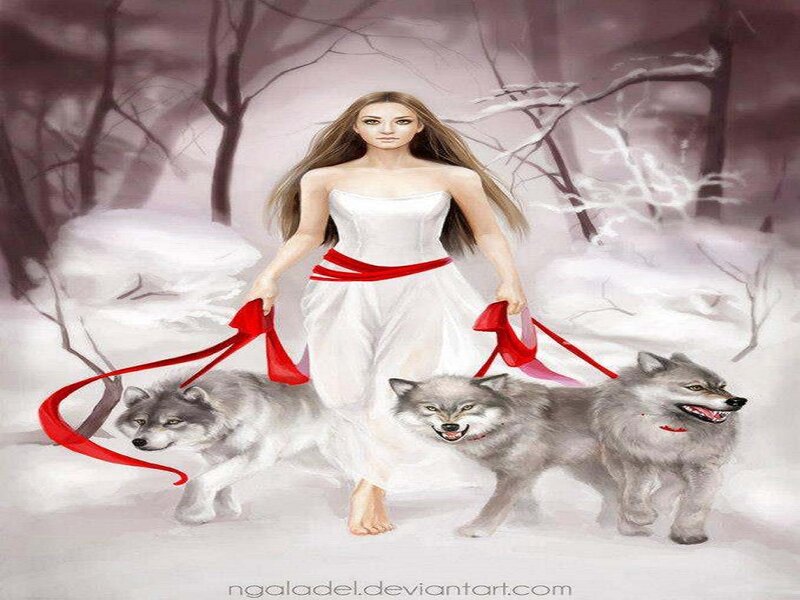 Woman with Wolves — White, Dramatic, Winter