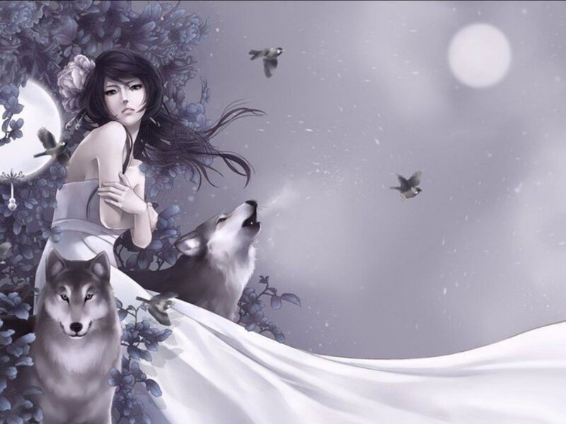 Woman with Wolves — White, Serene, Night