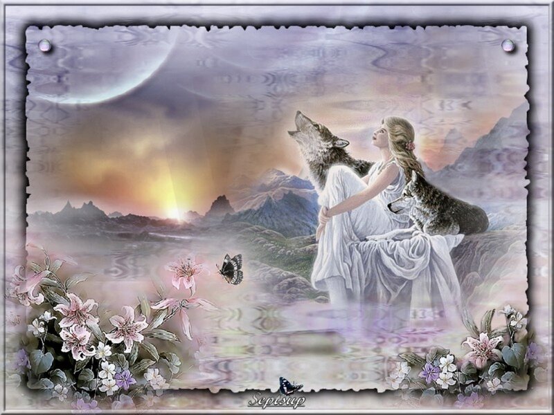 Woman with Wolves — White, Serene, Sunset