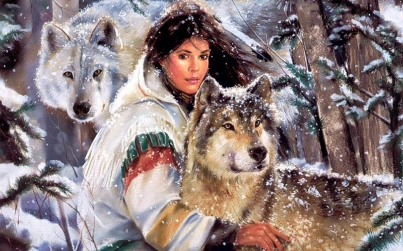 Woman with Wolves — White, Serene
