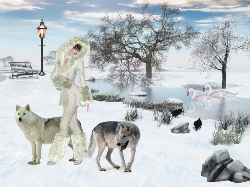 Woman with Wolves — White, Serene, Winter, Digital Art