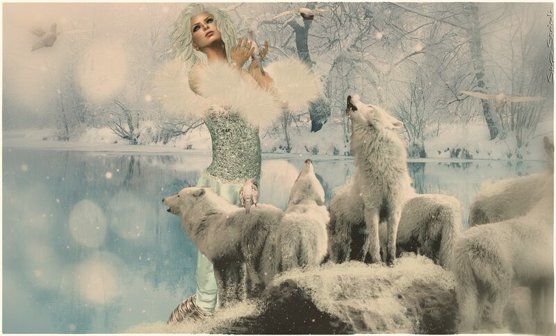 Woman with Wolves — White, Serene, Winter