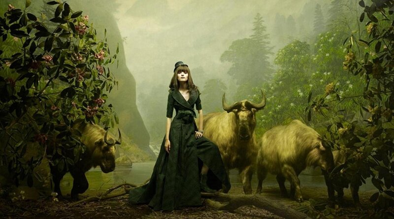 Woman with Yaks in Forest