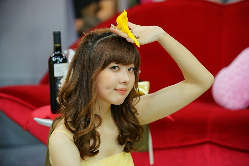 Woman with yellow bird accessory