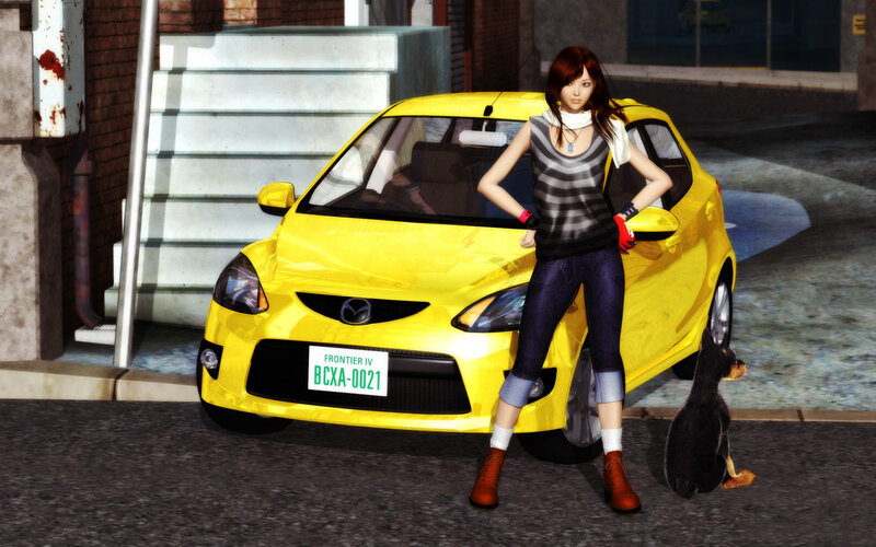Woman with yellow car and dog