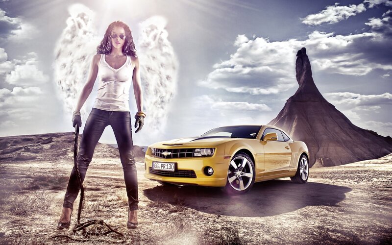 woman with yellow car in desert