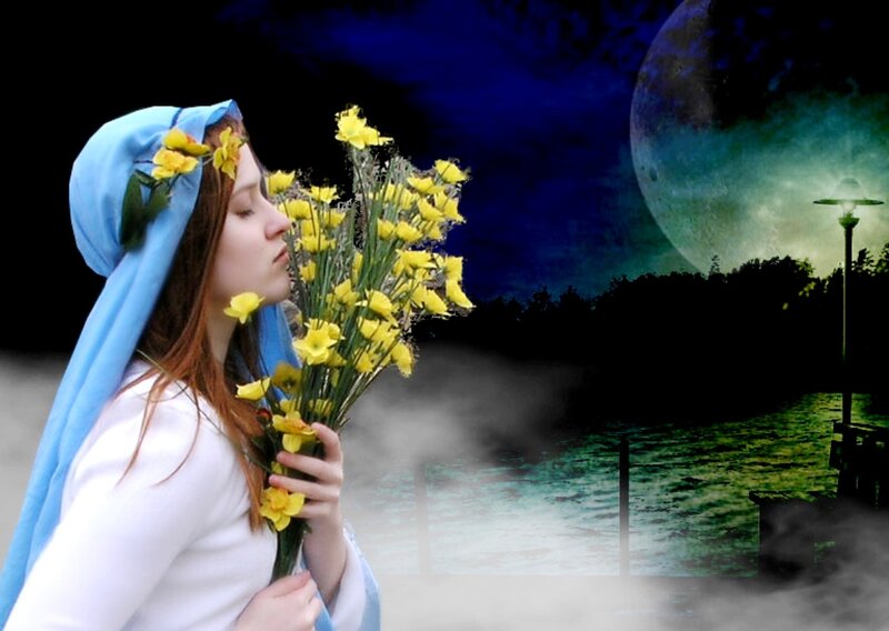 Woman with Yellow Flowers — Blue
