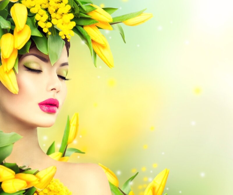 Woman with Yellow Flowers — Serene, Spring, Photograph, Makeup