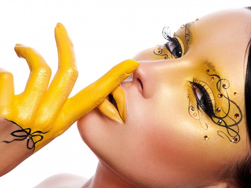 Woman with Yellow Makeup — Dramatic, Photograph, Hand